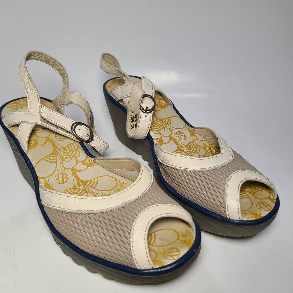 Fly London Cream and Tan Wedges